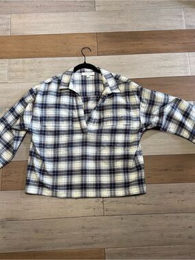 LOFT Cream and Navy Plaid Button-Down Top